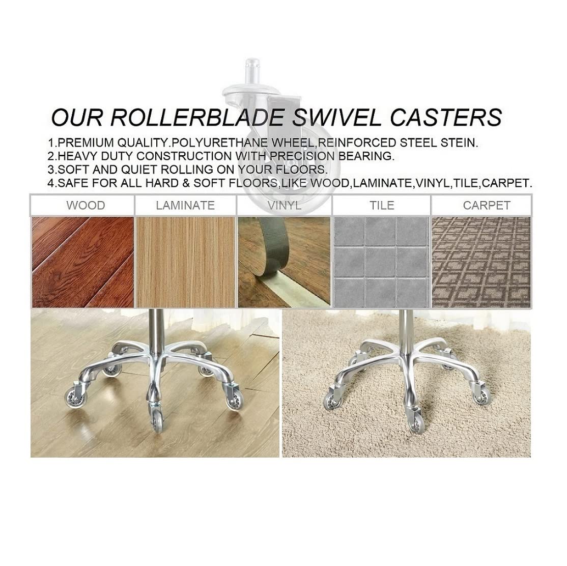 Kaleurrier Rolling Stool Chair with Smooth-rolling Dual-wheel casters,Comfortable Cushioned Backrest, Swivel Seat