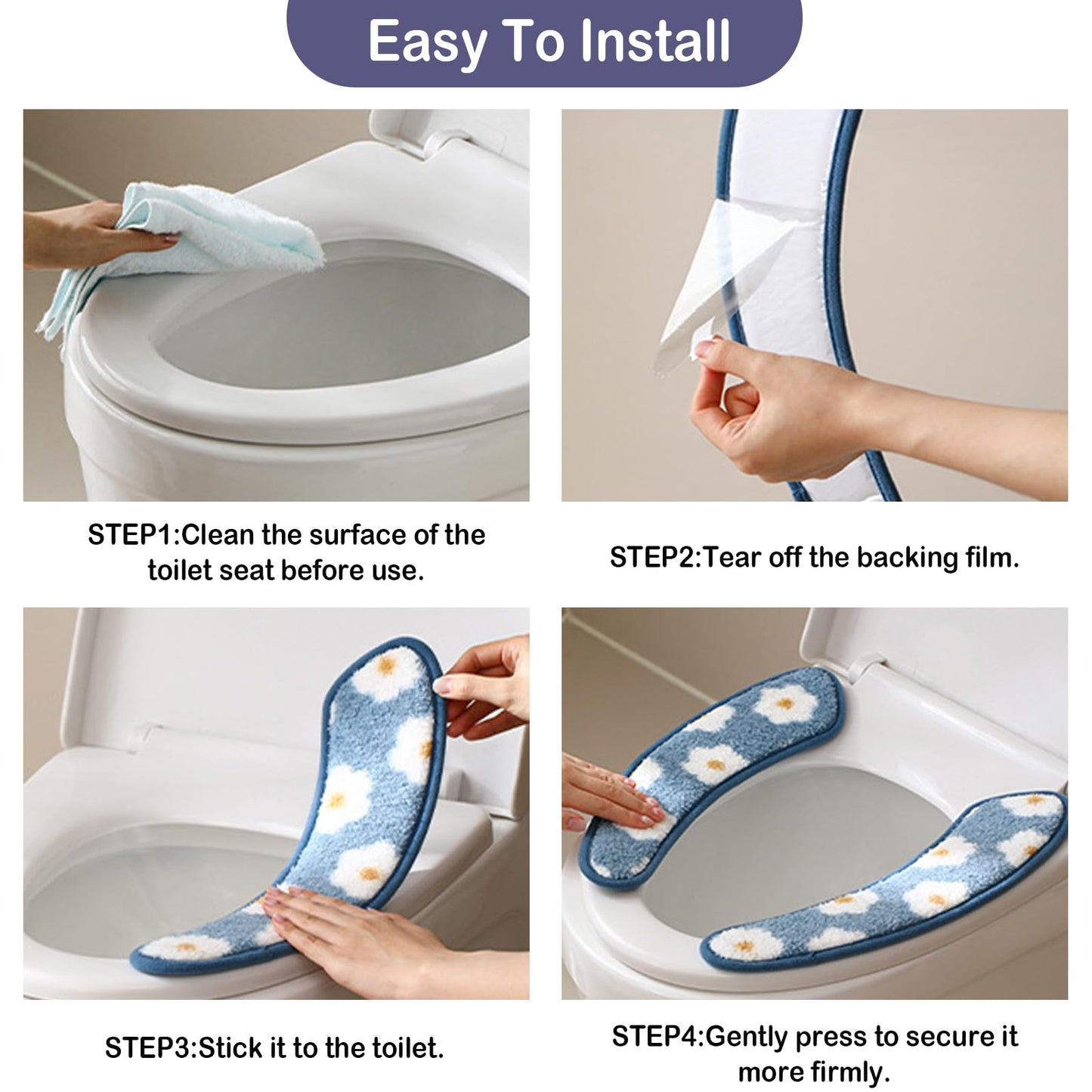 Iensen Thick and Warm Toilet Seat Cover – Washable, Reusable Cushion with TPR Adhesive & Floral Pattern for Comfort & Insulation (Blue)