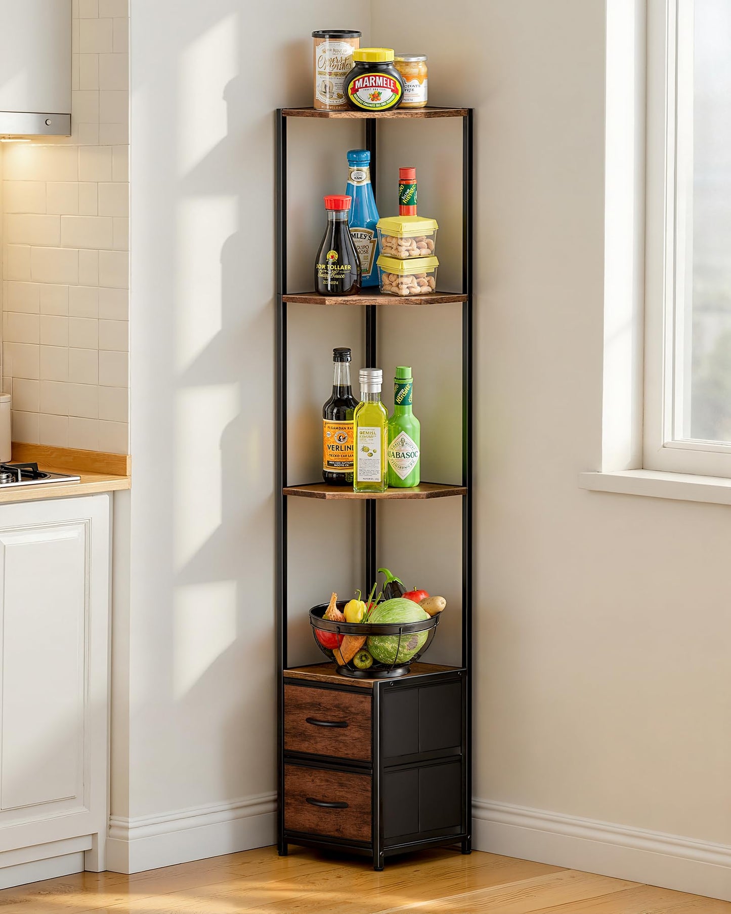 Housolution 6 Tier Corner Shelf Stand with Storage and Fabric Drawers,Brown