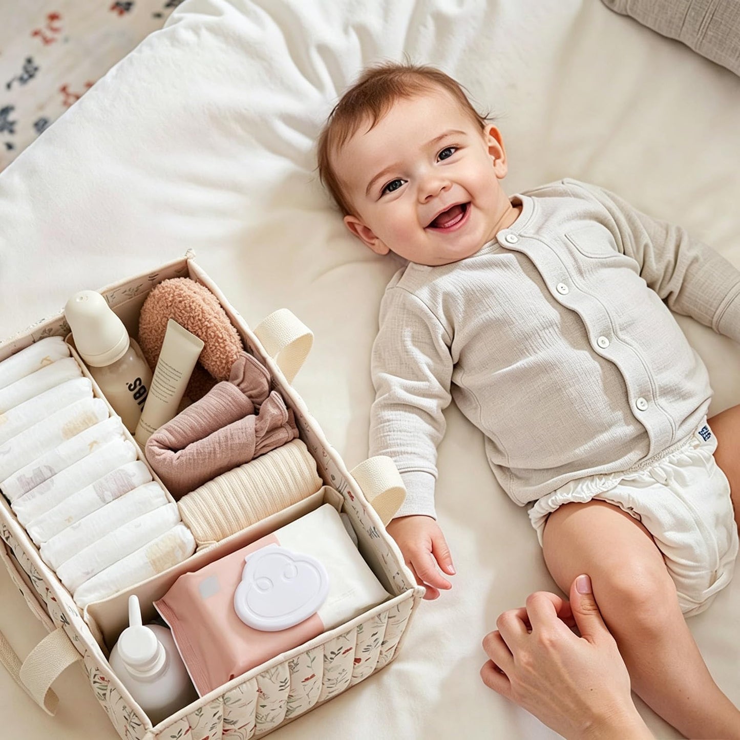 Nappy Caddy Organiser, Newborn Essentials Diaper Caddy for Nappy Station with Detachable Compartments, Sturdy & Portable Stylish Storage Basket