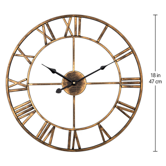 ARVINKEY Silent Wall Clock, European Farmhouse Vintage Clock with Roman Numerals, 47cm Non-Ticking Battery Operated Metal Skeleton Decorative for Home
