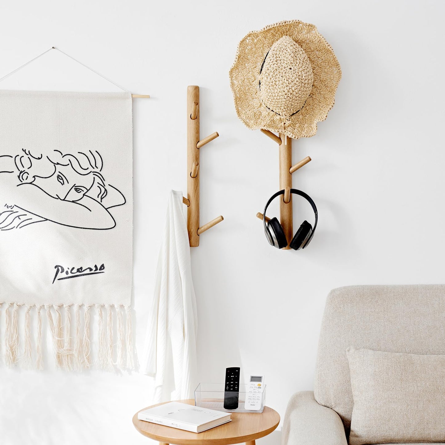 OAKERLAND Wooden Coat Rack Wall Mounted, 90cm Oak Floating Hooks for Jackets, Bag, Scarves, Handbags, 9 Hooks Branch Shape Coat Rack for Entryway