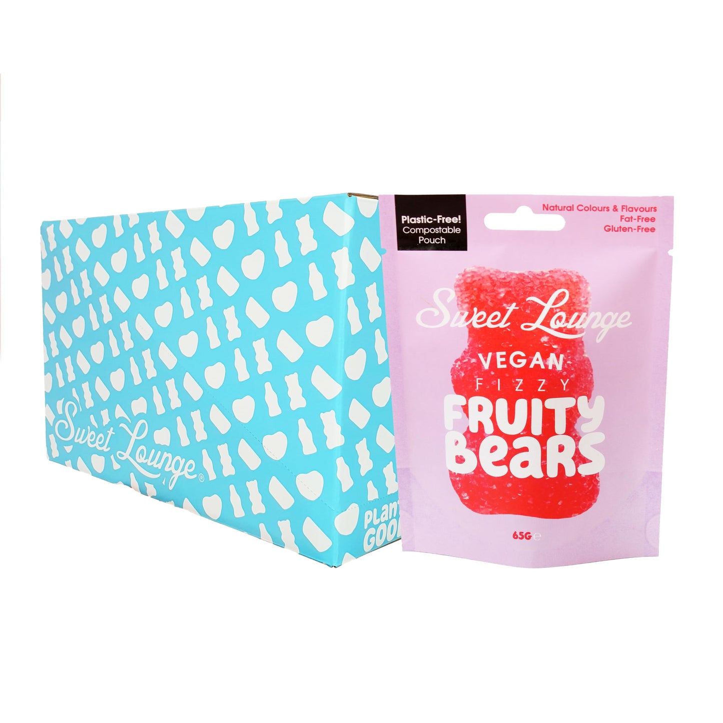 10x Sweet Lounge Vegan Fizzy Fruity Bears Pouch | 10x 65g Pouches | Plastic free compostable packaging. Natural Colours & Flavours | Gluten-Free.