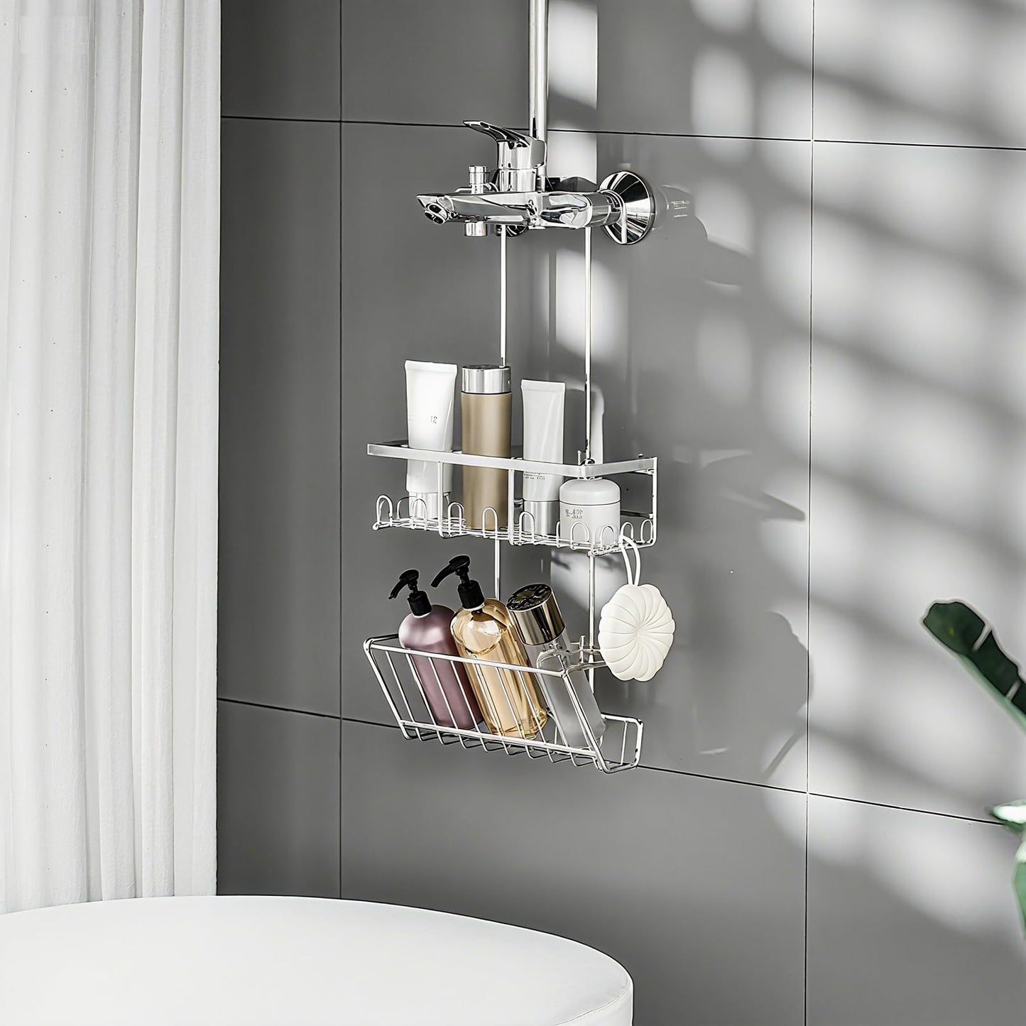 RUIHANDA 2-Tier Shower Caddy, Shower Caddy Hanging No Drilling, Silver