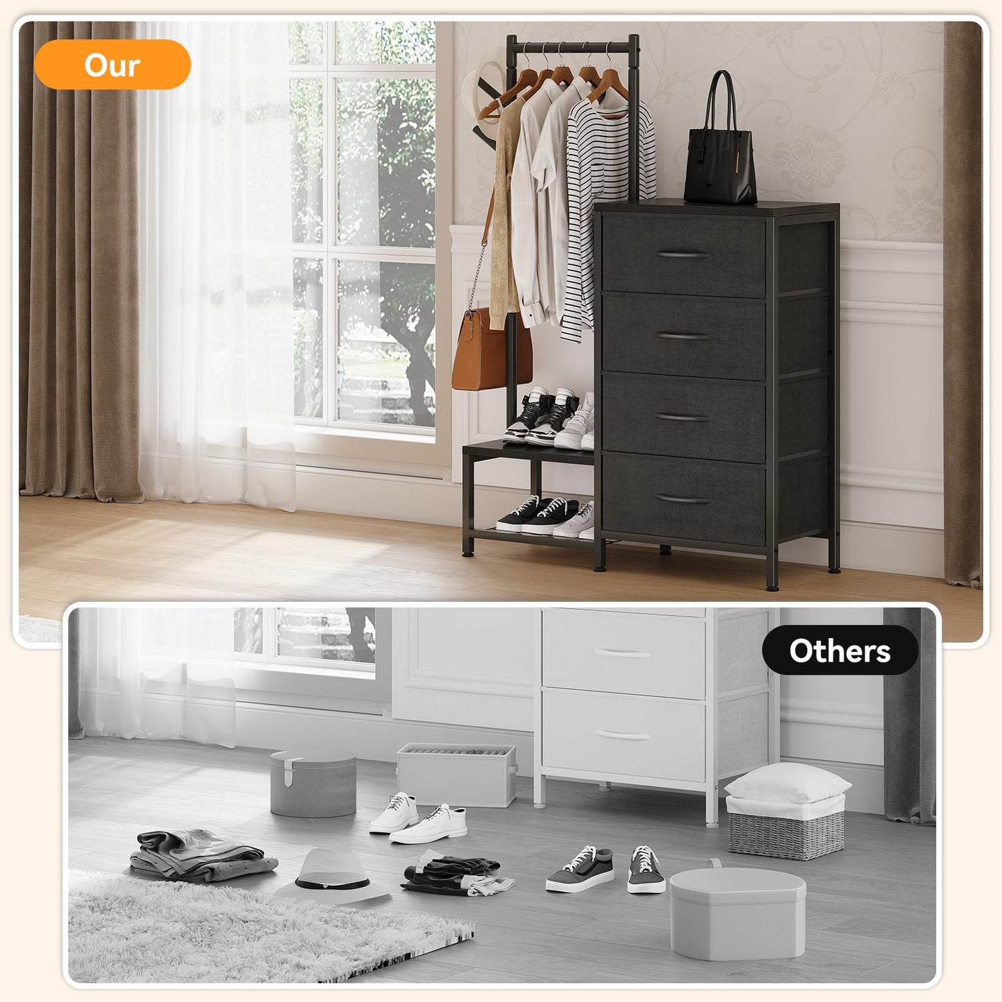 ODK 3 in 1 Chest of Drawers Bedroom, 4 Fabric Drawers, Black, 30x75.5x120cm