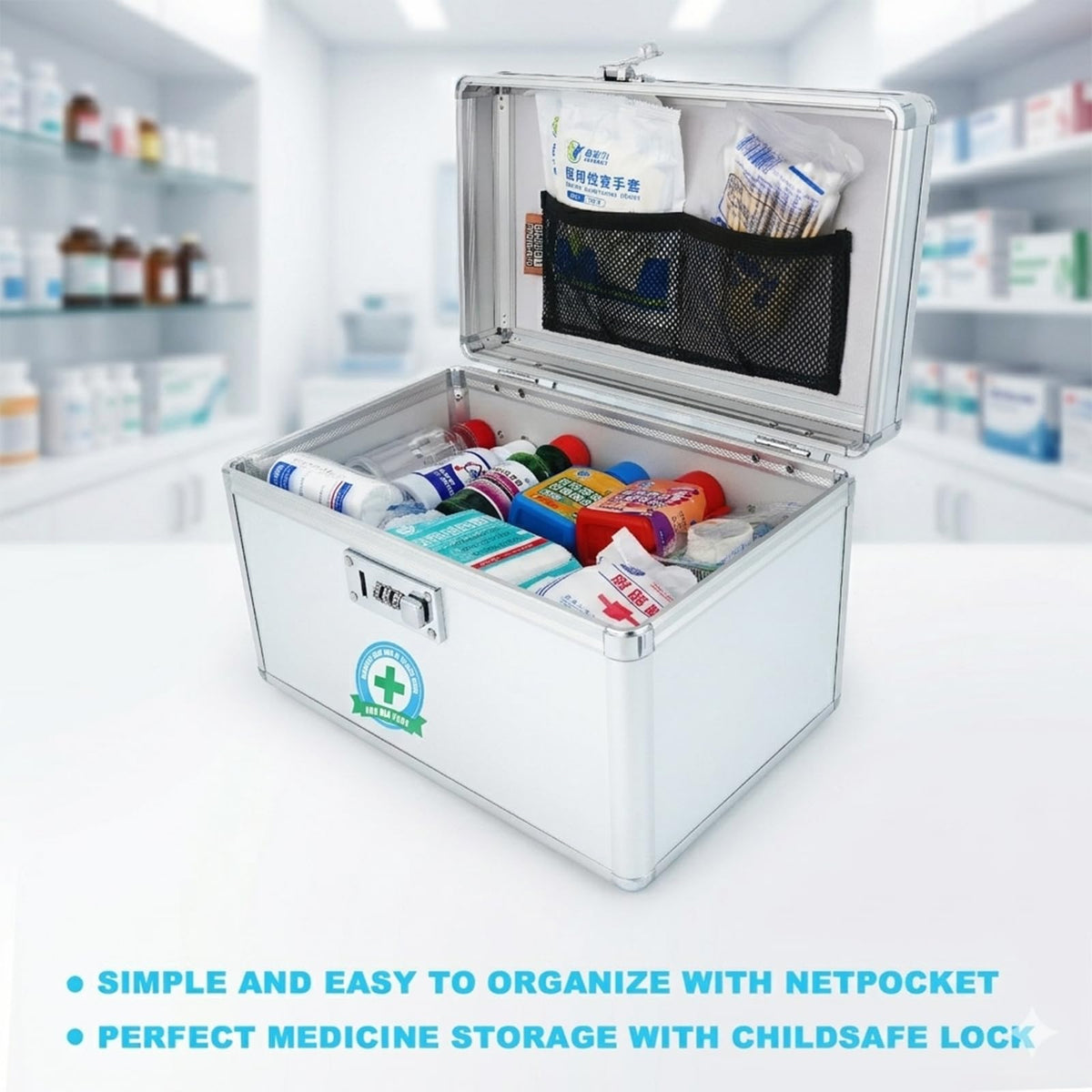 HEWEI WORKS Medication Lock Box, Lockable Medicine Storage, Empty First Aid, Medical Organizer, Safe lockbox for Home & Outdoor Silver, Medium