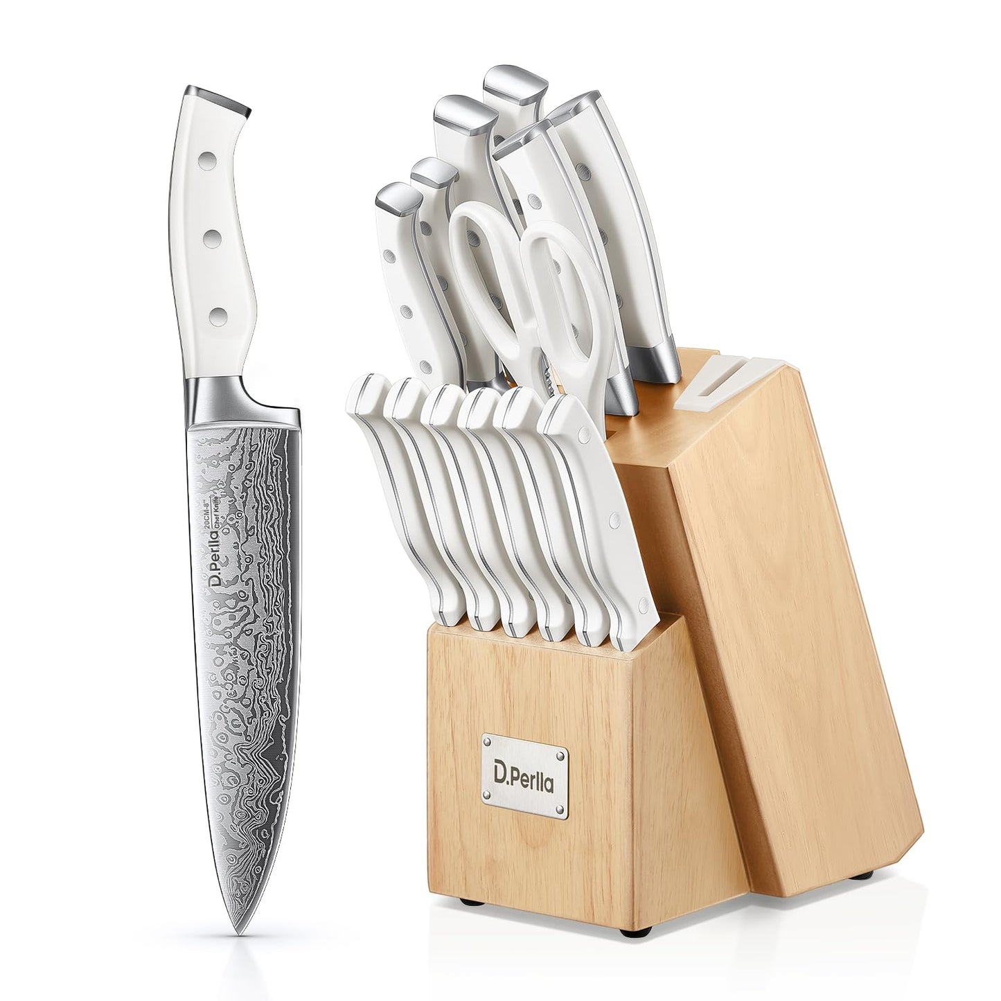 D.Perlla Knife Set, 14 Pieces Kitchen Knife Set with Self Sharpening Wooden Block, German Stainless Steel Knife Block Set with Steak Knives, White