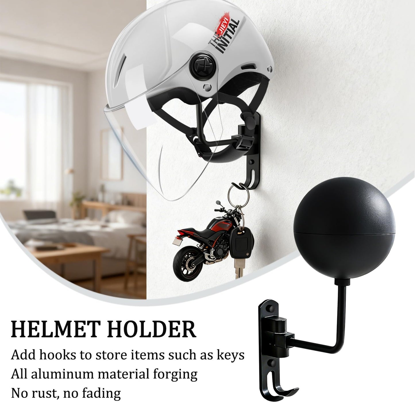 Griwuut 180° Motorcycle Helmet Rack Wall Mounted Rotatable Helmet Stand with 2 Hooks for Hard hat Handbag Coats Caps