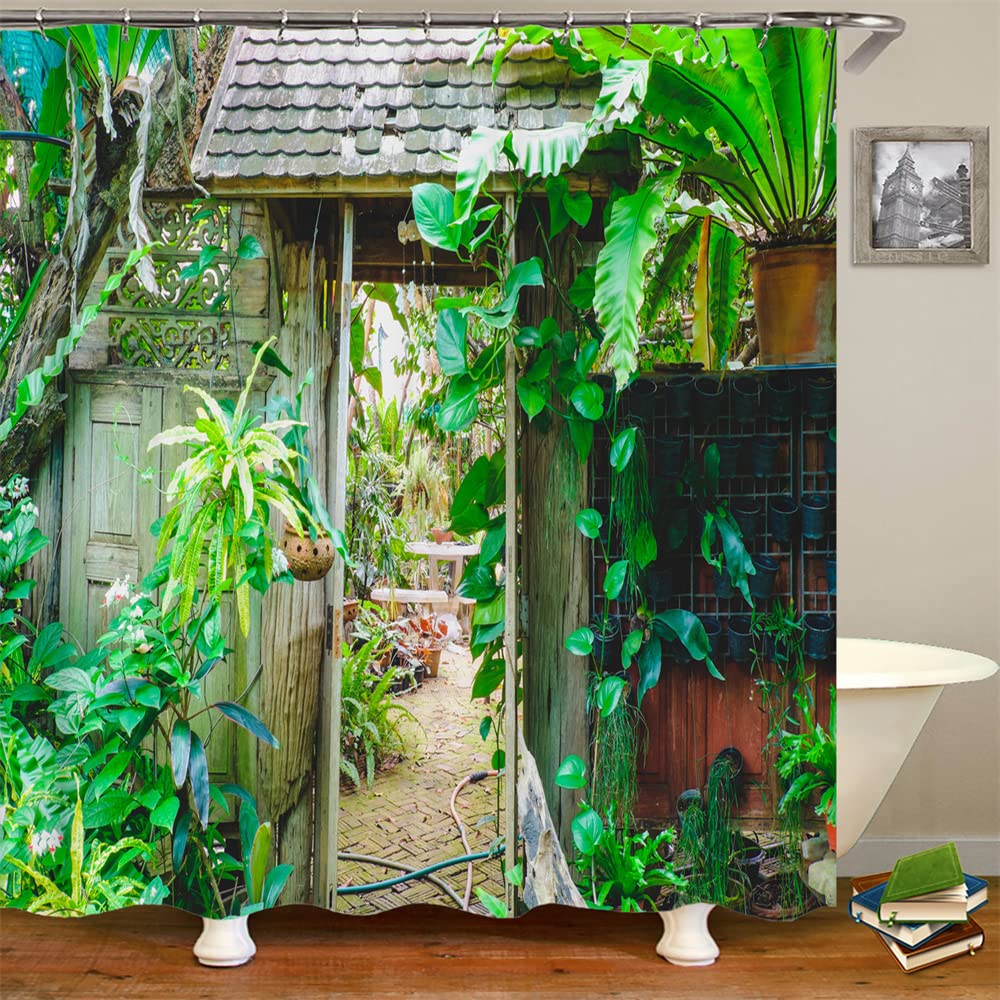 JIANGLANY Tropical Plant Wooden Farmhouse Shower Curtain Green Banana Leaves Garden Landscape Bathroom Decor Waterproof Bath Curtains with Hooks
