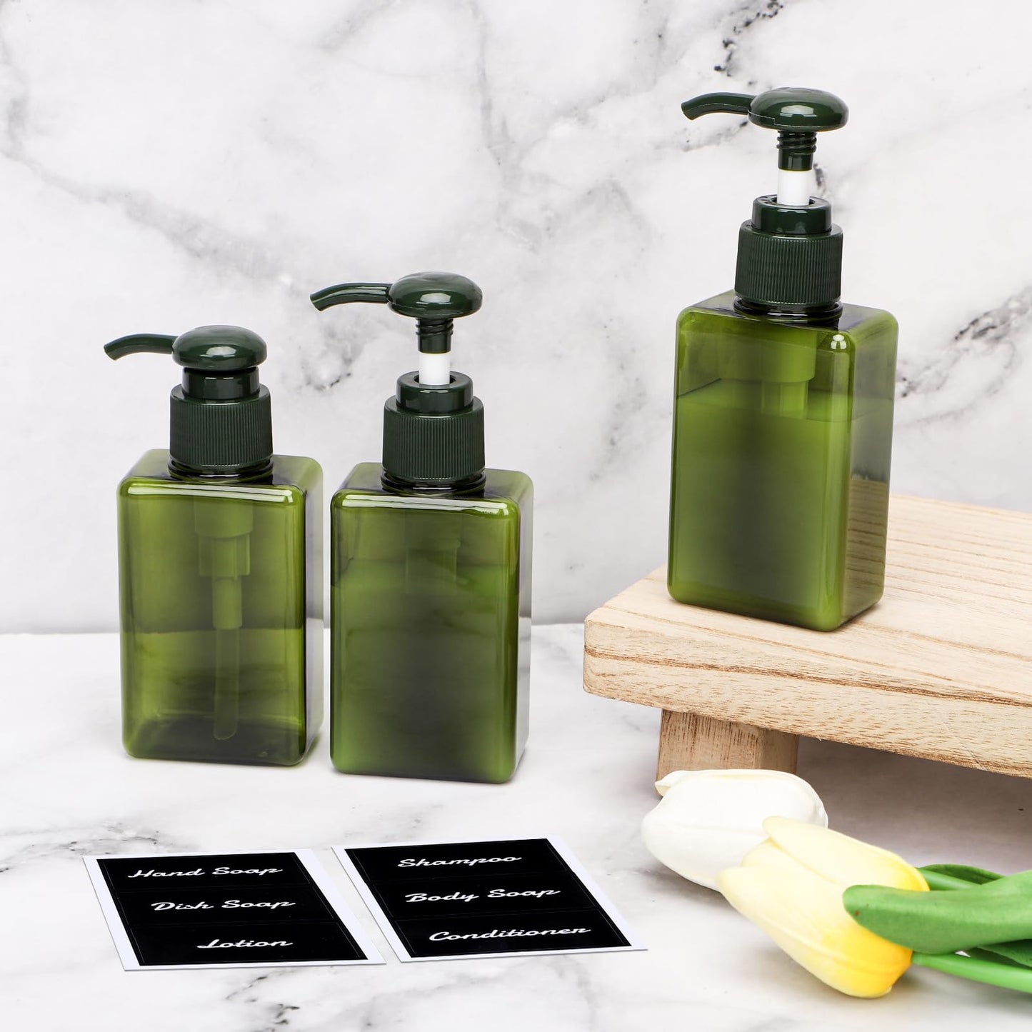 Segus Hand Soap Dispenser, 3 Pieces 100ml Empty Shampoo Bottles, Small Shower Dispensers with Labels, in Plastic, Bathroom Accessories (Dark Green)