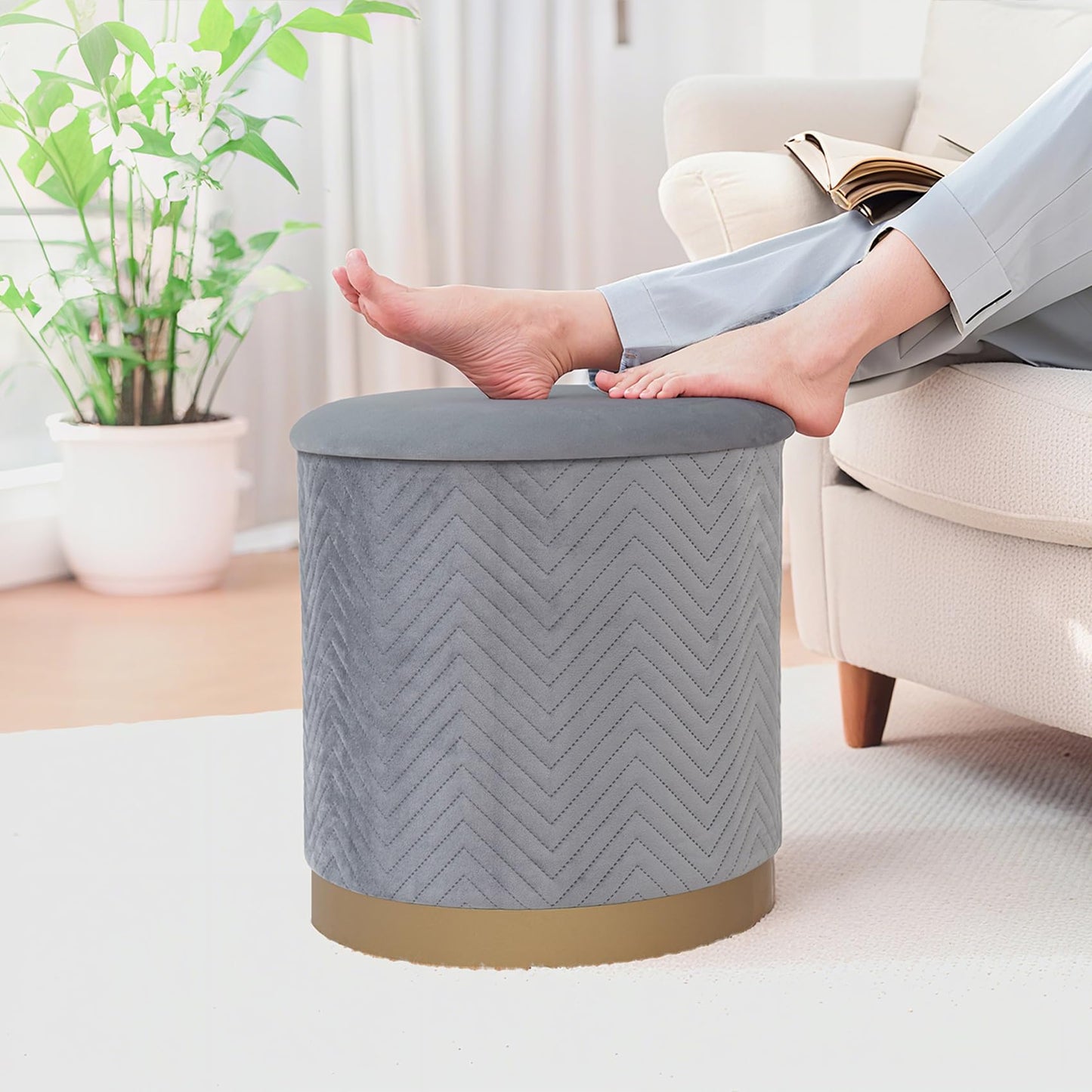 Bonlife Large Round Storage Ottoman, Foldable Footstool with Lid