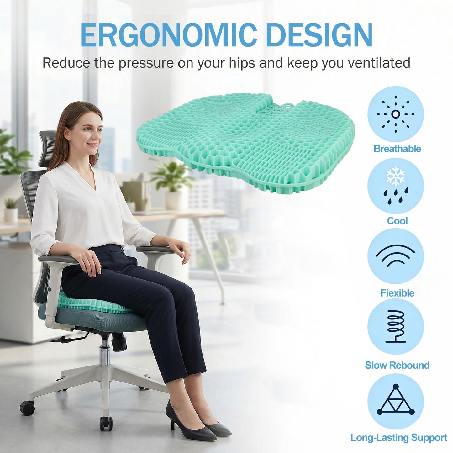 wiksite Gel Seat Cushion - Double Thick Egg Seat Cushion for Long Sitting Cool Breathable Honeycomb Design Chair Gel Cushion for Support and