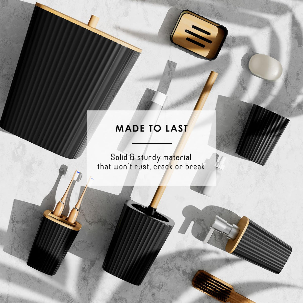 Clara Clark Bathroom Accessories Set - Bathroom Accessory Set with Shower Curtain Set, Toilet Brush, Trash Can & Soap Dispenser Black, Complete Set