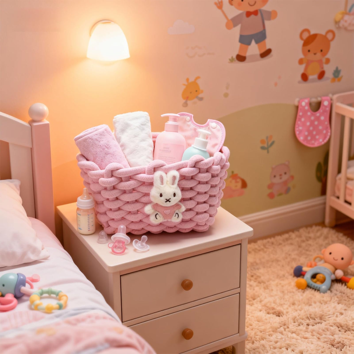Woven Cotton Wicker Storage Basket with Bear Motif, White - Bathroom Organizer for Desk, Makeup Table, Cabinets, Bath, Kitchen Pink - Rabbit