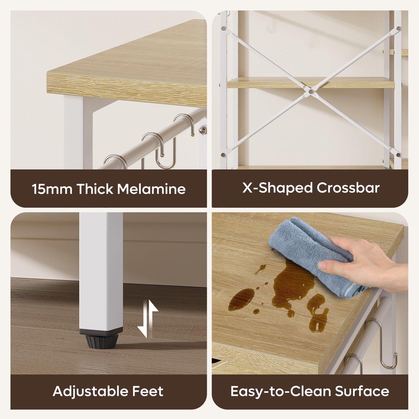 Bestier Microwave Oven Rack, 90cm Large Size, with 2 Height-Adjustable and Removable Shelves, Drawers, 10 S-Hooks, Kitchen Storage Rack (Oak)