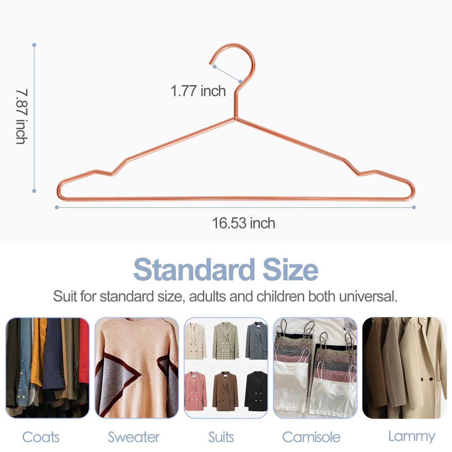 SPECILITE 42cm Rose Gold Metal Hangers Bulk 30 Pack with Notches for Standard Size Coats, Shirts, Suits, Pants, Heavy Duty,Space Saving