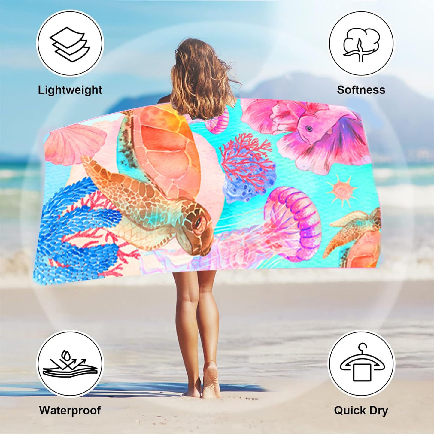 Large Thin Microfibre Beach Towel with Bag for Adult Men Women,160x90cm Pink Turtle Beach Towels Quick Dry Sand Free Lightweight Swim Bath Towel for
