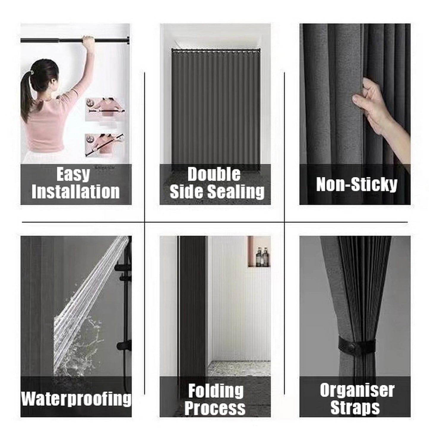 Momooda Waterproof Folding Shower Curtain, Heavy Duty Anti Mould Linen Shower Curtain, Magnetic Sripe Splash-proof, Fast Closing, Grey, 120x200cm