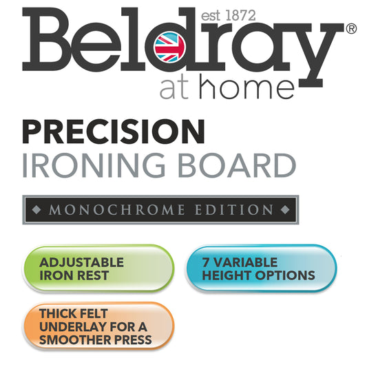 Beldray LA031213BLKFEU7 Ironing Board Folding Collapsible Ironing Table, Adjustable Iron Rest, 7 Height Options, Thick Underlay, Lightweight,