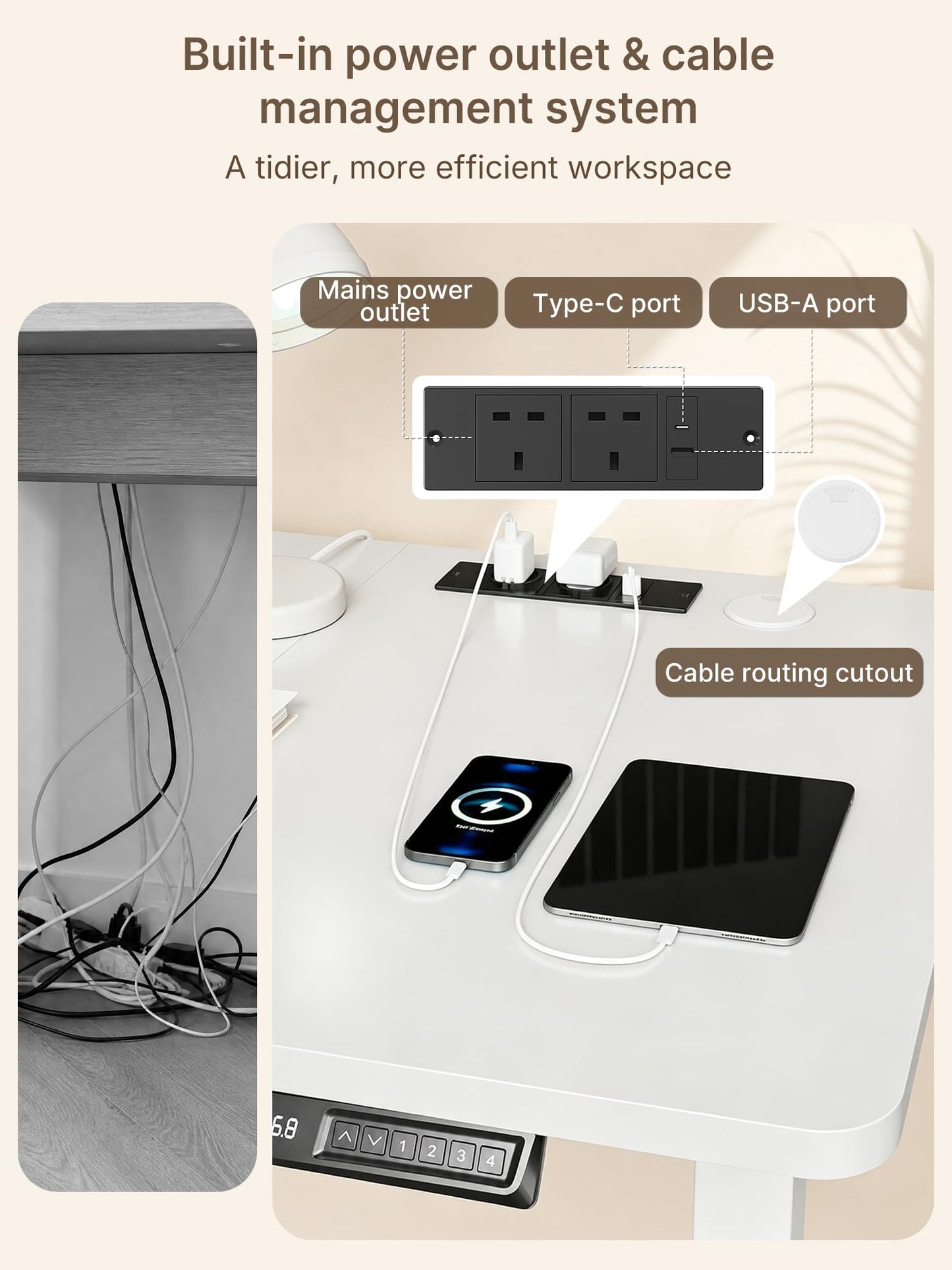 JUMMICO Standing Desk with Power Outlet 140 x 60 cm, Electric Height Adjustable Desk with 4 Memory Function, Sit-Stand Office Desk