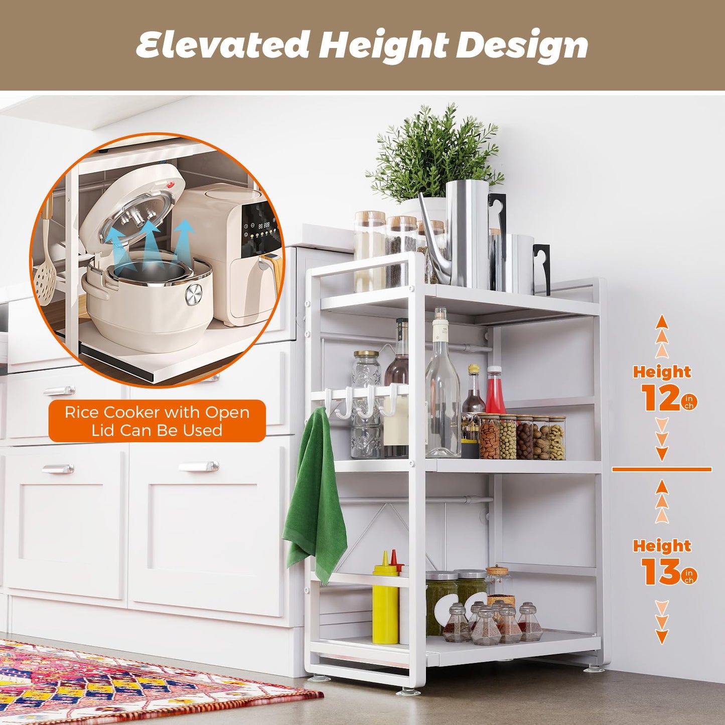 BeSokar 3-Tier Microwave Rack - Height Adjustable & Extendable Kitchen Shelf with Drawer - Made of Carbon Steel
