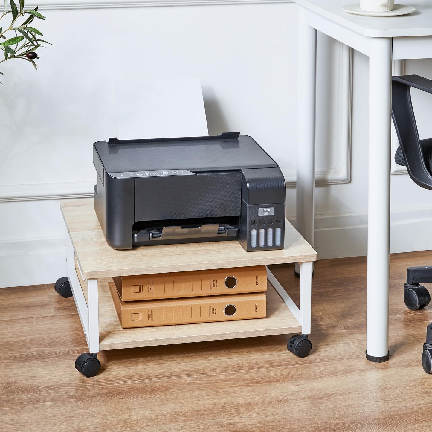 IBUYKE 2 Tier Desktop Printer Stand Cart,Printer Table with Wheels,Desk Heavy Duty Rolling Table with Storage Folders,for Books, Fax Machine