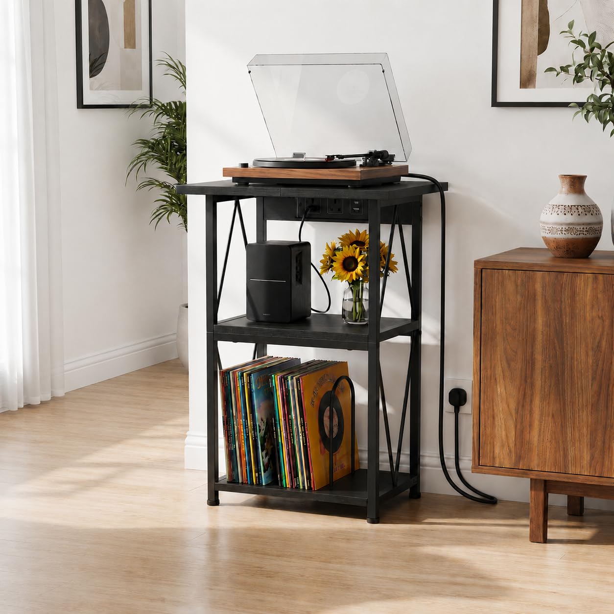 2026 Upgraded Extended Tabletop Record Player Stand with Charging Station, 3 Tier 50x40cm End Table with Vinyl Record Storage