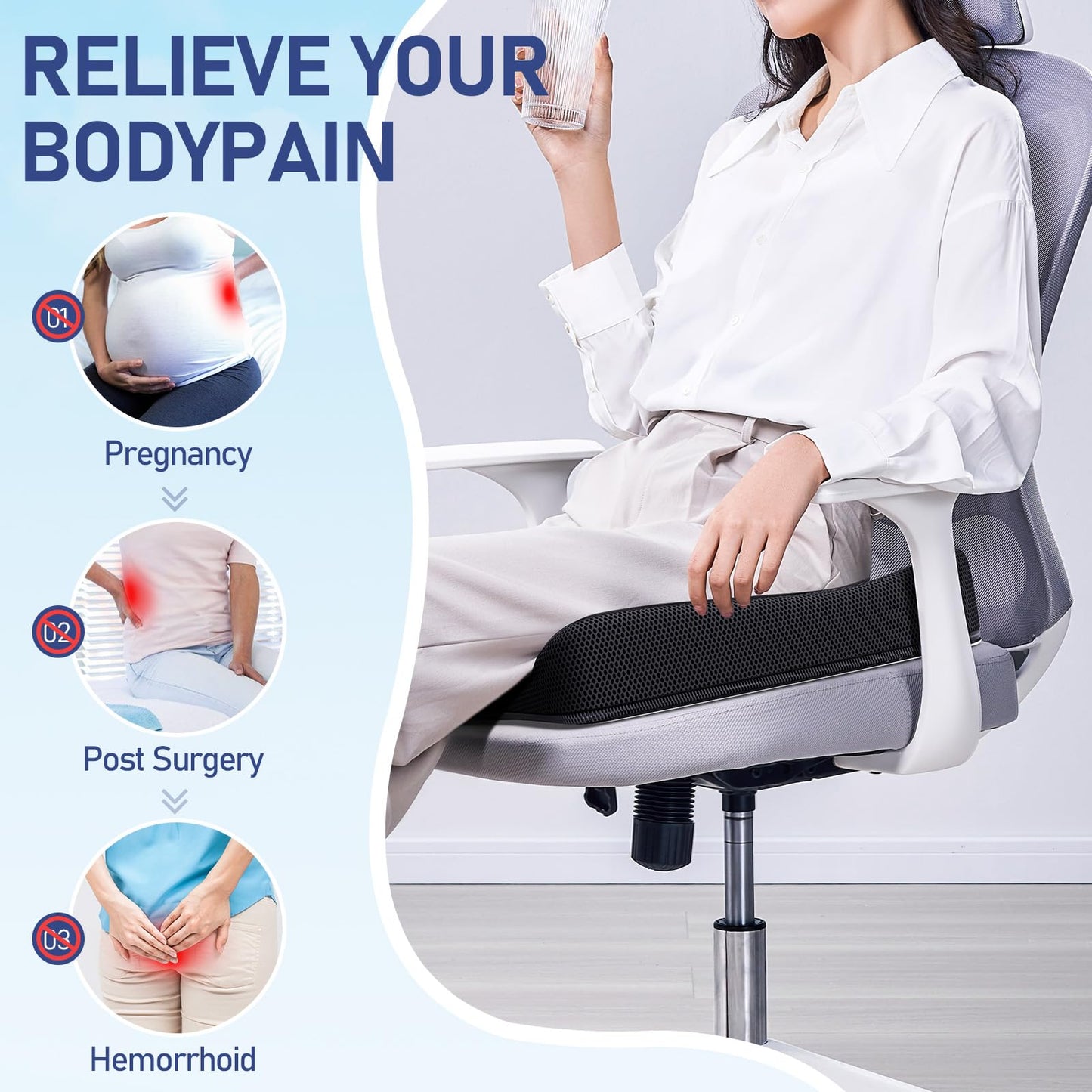 Benazcap Gel Seat Cushion, Soft Sitter Cushion Large Double Thick Gel Cushion, Honeycomb Ergonomic Cushions for Pressure Relief & Coccyx Pain Relief