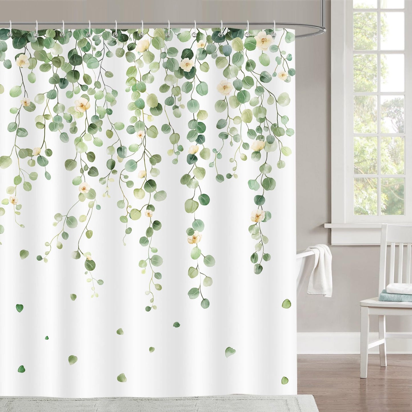 Dazzlewall Sage Green Leaves Shower Curtain, Eucalyptus Plants Botanical Bathroom Curtain 180x180cm, Waterproof Mould Resistant Polyester Fabric for