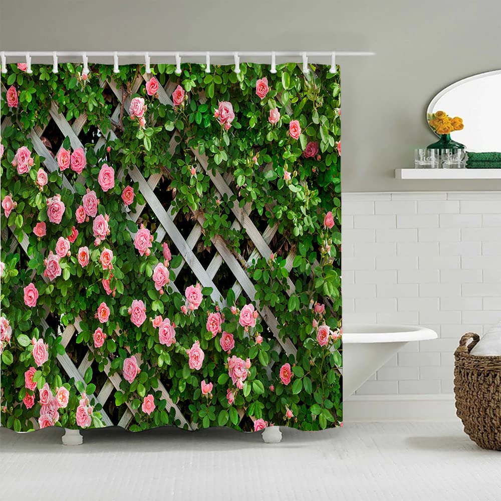 JIANGLANY Outdoor Shower Curtain Garden Fence with Pink Rose and Leaves Cloth Bathroom Curtain 3D Print Floral Shower Curtain with Beautiful Scenery,