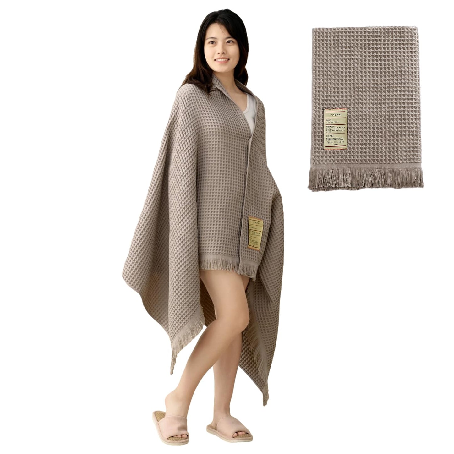 Jamron Pure Cotton Waffle Bath Towel Quick Dry Soft 180x90cm Large Bath Sheet Tassel Shawl SN079108 Grey