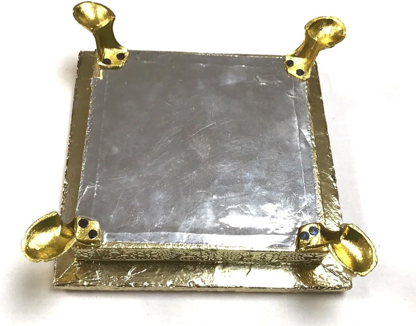AARNAV 6" x 6" Handcrafted Low Table Bajath Bajot Chowki For God Temple or Lamp or Vase or Hindu Puja Brass Minakari Table (Brass Minakari 6"x6")