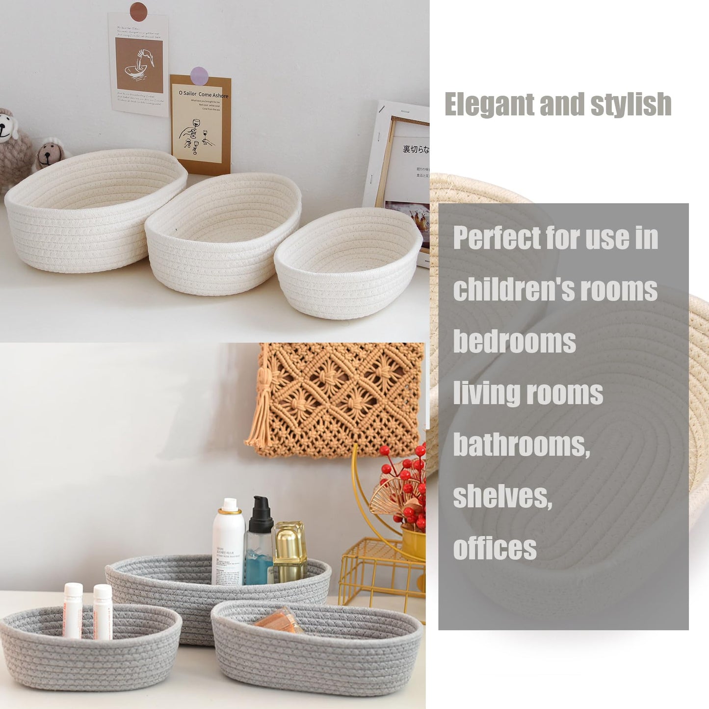 Spesh Cotton Rope Storage Baskets, Set of 3 Woven Shelf Baskets Oval Cotton Storage Boxes Empty Hampers Organiser Bins(White)