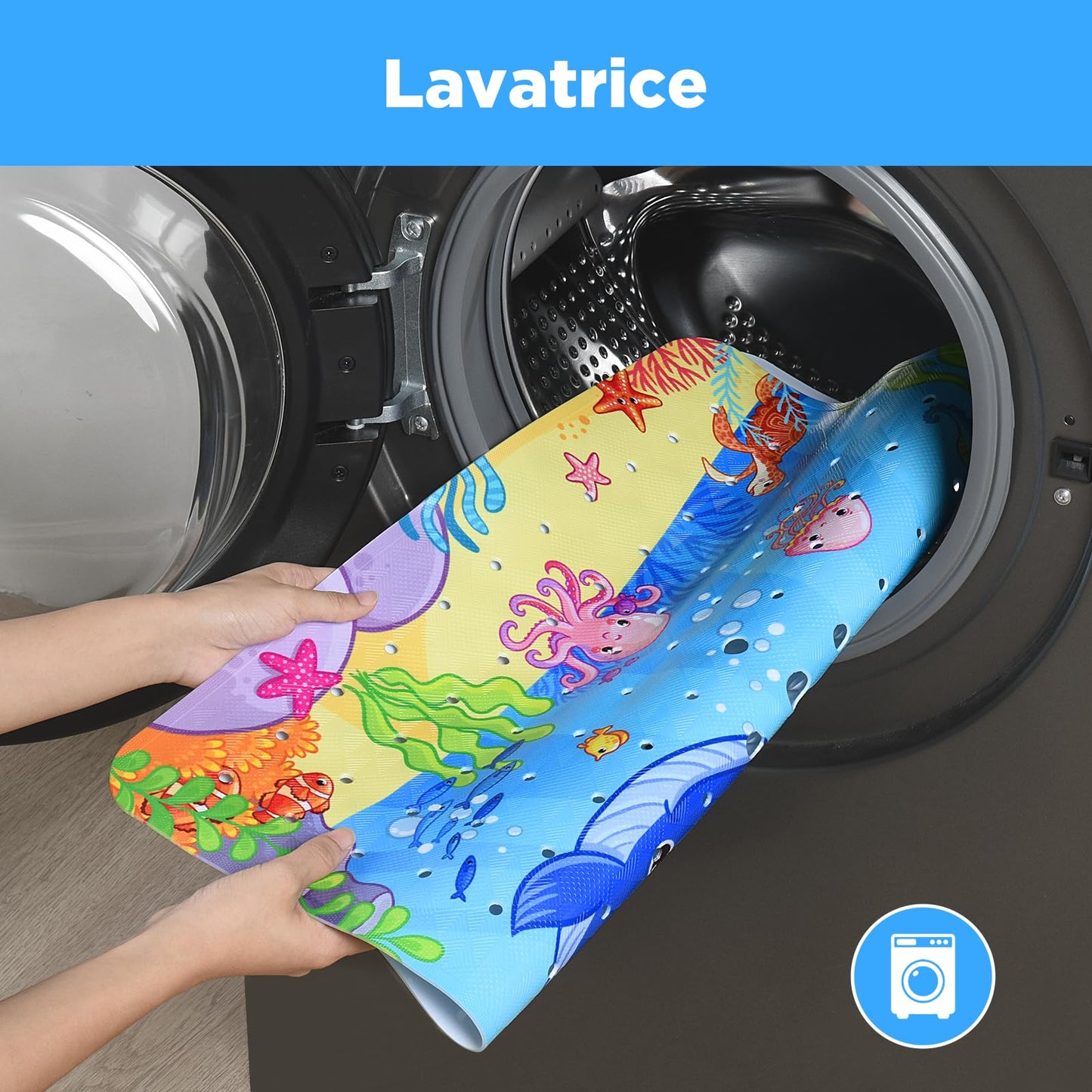 OTraki Baby Bath Mats Non Slip, 53x53cm Cartoon Shower Mat Marine Animal World Bathtub Mat with Suction Cups Drain Holes Machine Washable Kids Bath