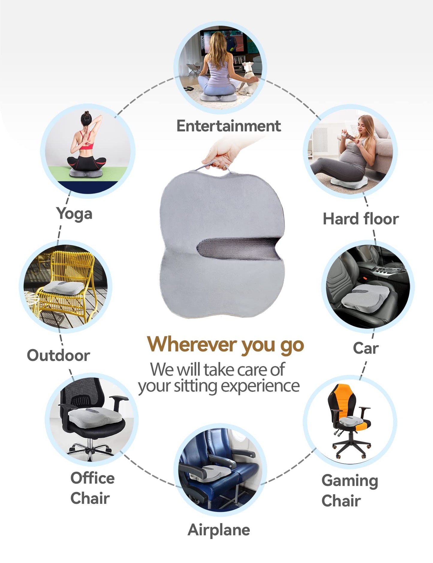 Travel Ease Ergonomic Seat Cushion, Premium Memory Foam Chair Pad with Anti-Slip Base for Long Hours Sitting Comfort