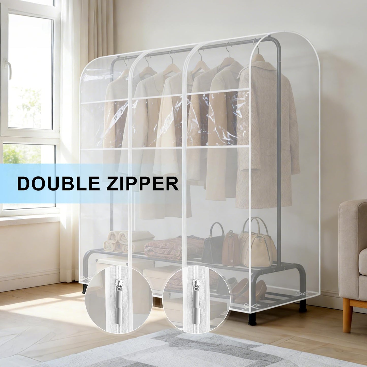 QH7 5ft Clear Transparent Clothes Rail Protective Zip Over Cover for Garment Hanging Coat Racks (150 * 50 * 150cm)
