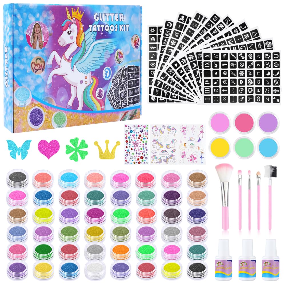 AYBUY Glitter Tattoos for Kids, 54 Colors Temporary Glitter Tattoos Kit, 540 Stencils, 6 Luminous Powder, 2 Luminous Stickers, 1 Gems Sticker, Gifts