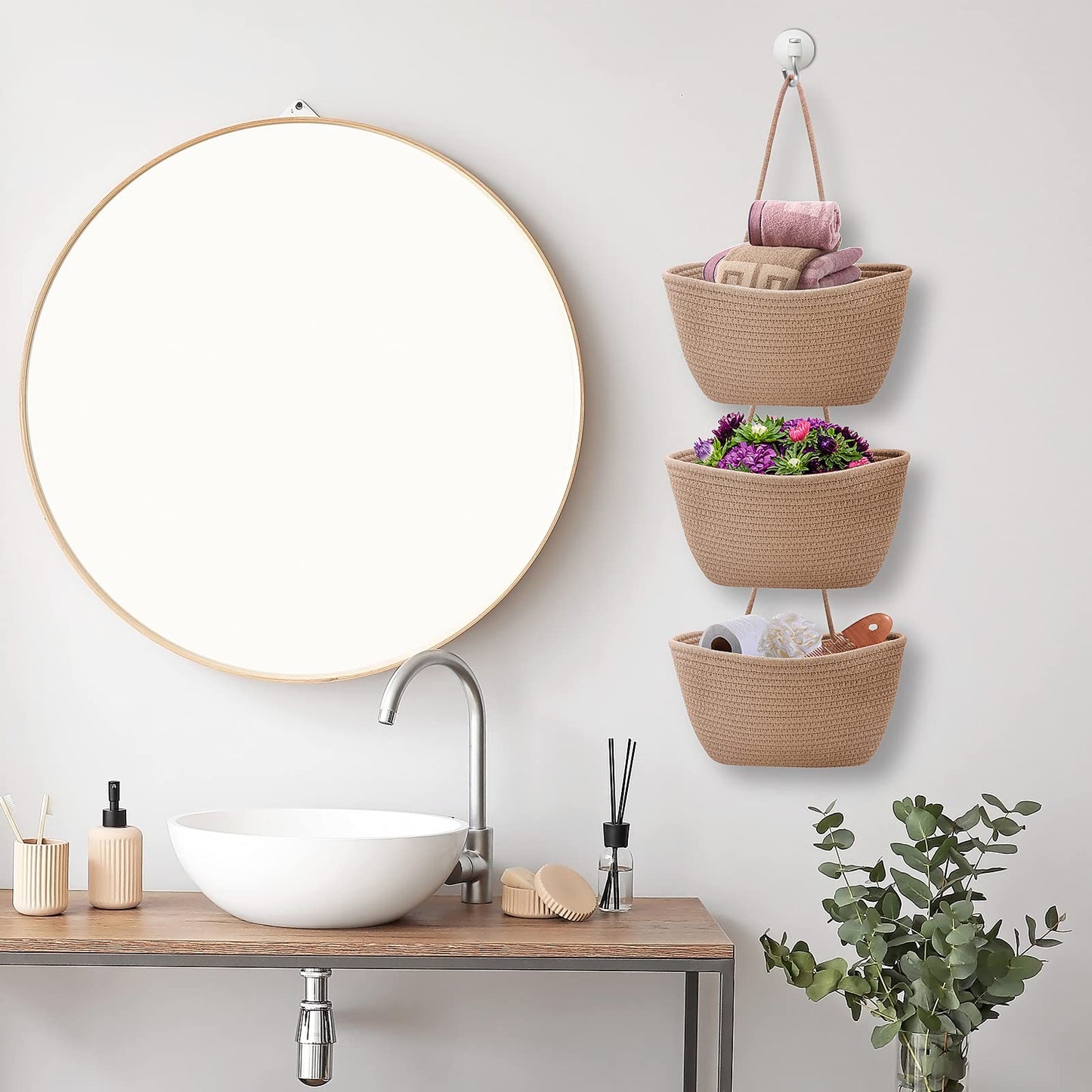 Gearific Over the Door Hanging Basket, 3-Tier Cotton Rope Wall Mount Hanging Baskets for Organizing and Storage