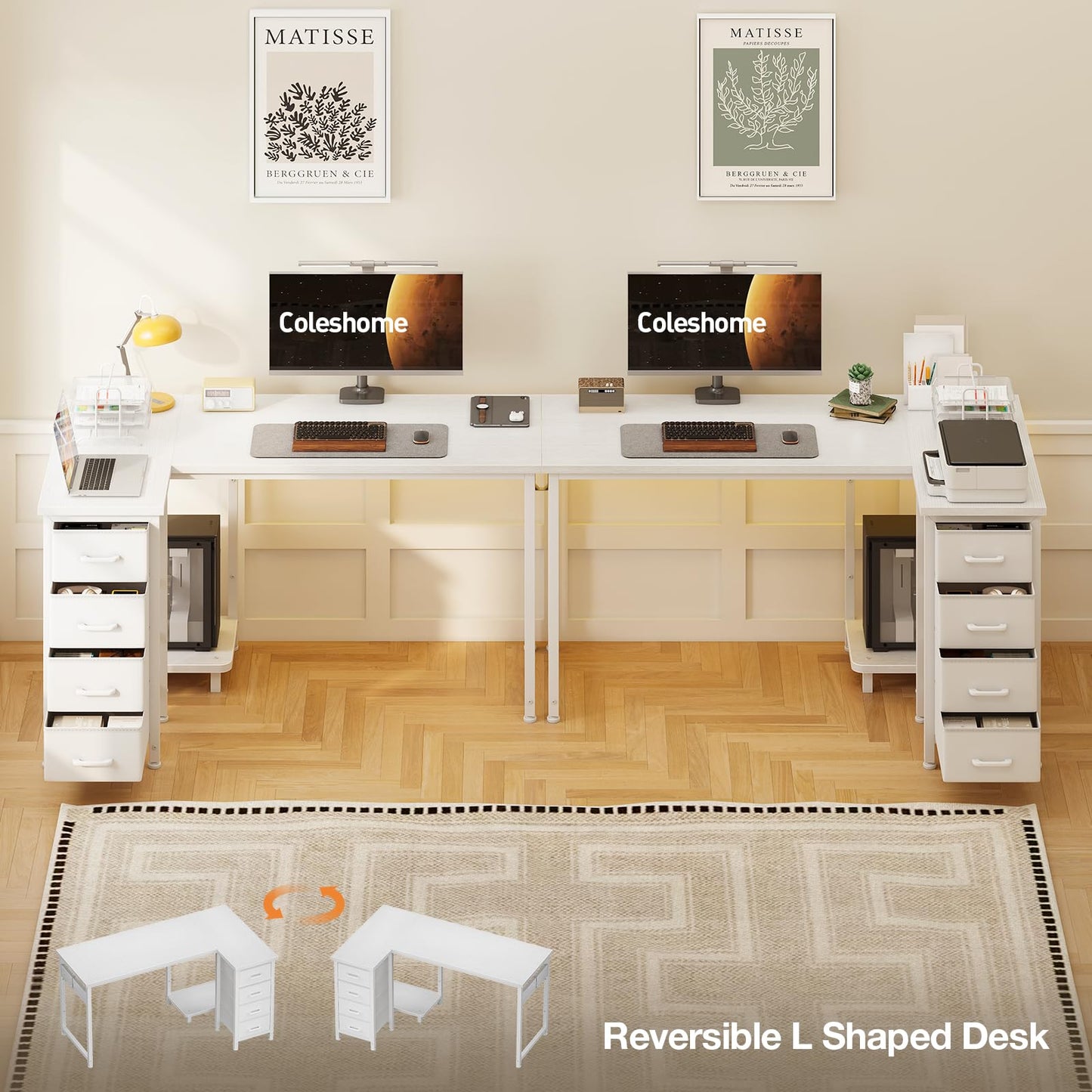 Coleshome Small Corner Desk with Drawers for Home Office, 120x70 cm, White