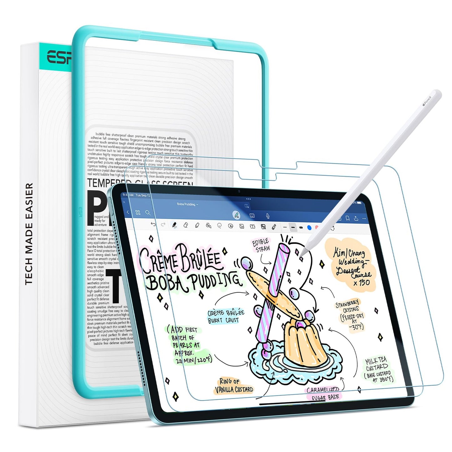 ESR 2 Pack Paper-Feel Screen Protectors for iPad Air 13 Inch M3/M2 (2025/2024), Write and Draw Like on Paper, 9H Tempered Glass, Matte Writing Film