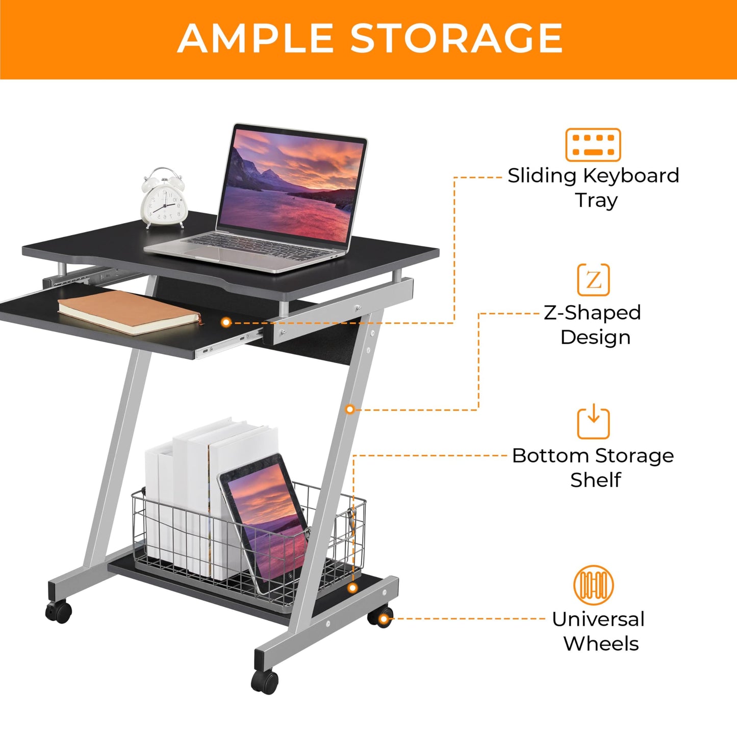 Yaheetech Small Computer Desk Z-Shaped PC Table on Wheels Movable, Black