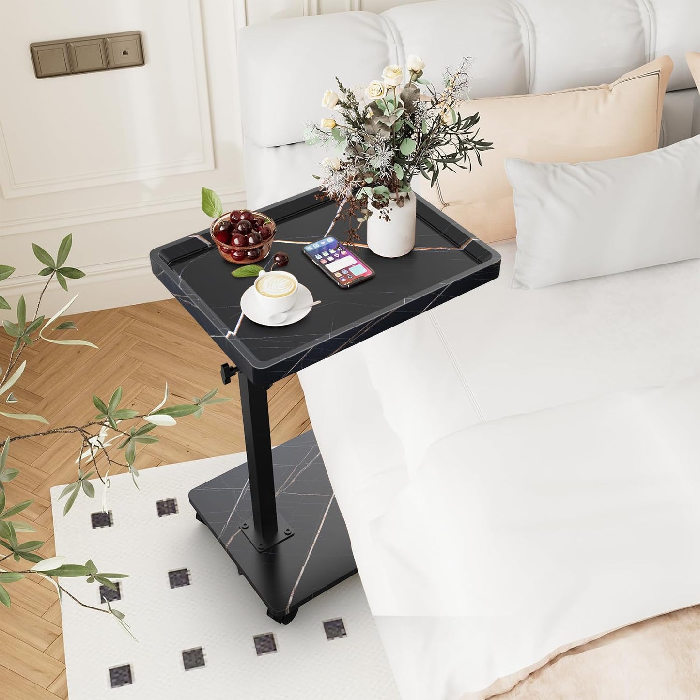 XNSDXV C Shaped Side Table Adjustable Height, 360°Swivel Bedsides Tables With Wheels, End Table for Small Spaces, Sofa Side Tables For Living room