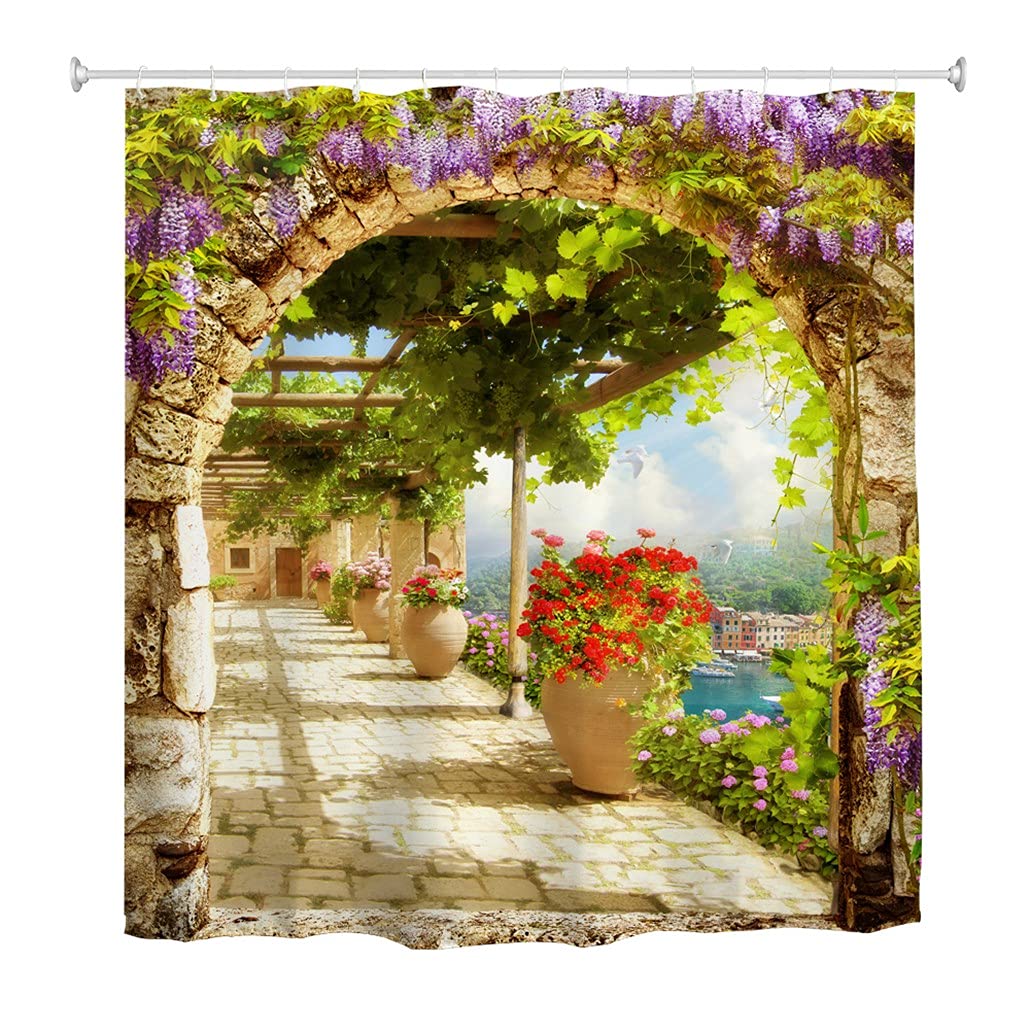 goodbath Garden Shower Curtain, Leaves Flowers Floral Anti Mould Waterproof Bath Curtains for Bathroom Bathtub, 180 x 200 cm