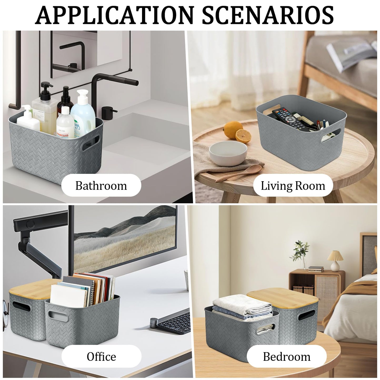 RWFMO 4 Pcs Plastic Grey Storage Baskets with Bamboo Lid for Bathroom