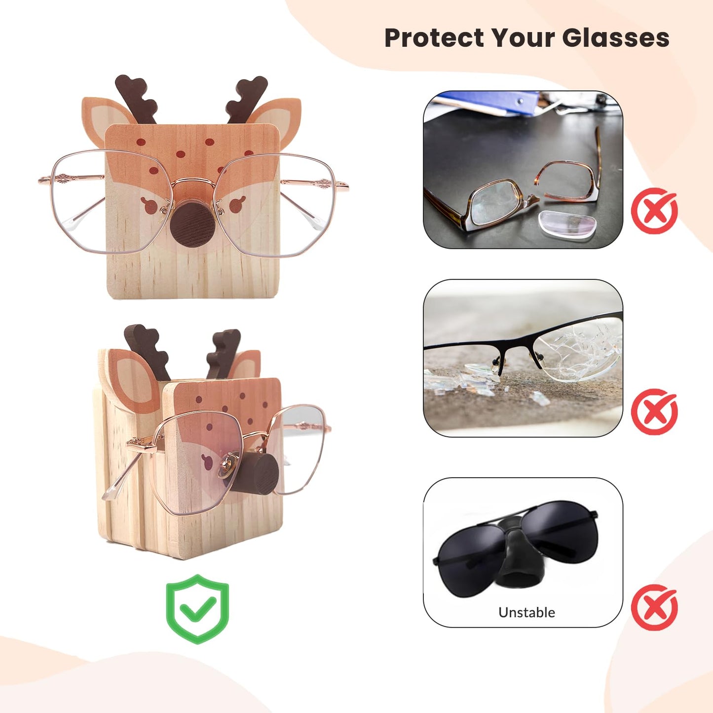 Daily Treasures Deer Wooden Eyeglass Holder Stand,Cute Animal Glasses Holder with Stationery Storage Case,Handmade Wood Eyeglass Rack,Strudy