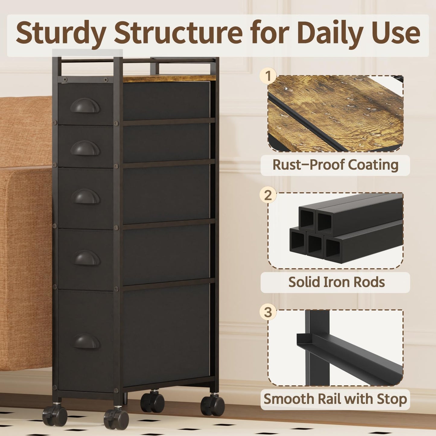 VASZOLA Narrow Cabinet Slim Storage Cart for Bathroom Small Space, Black