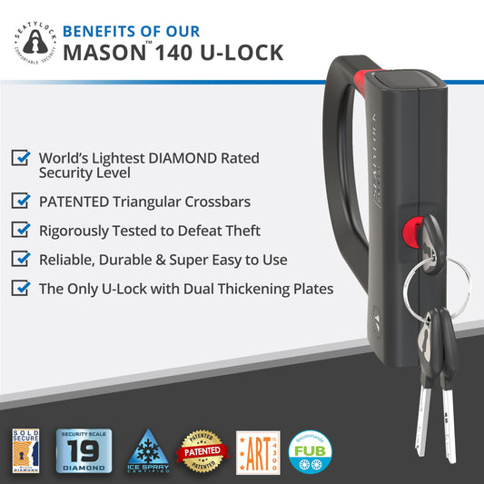 SeatyLock Mason Bike U Lock - Patented Heavy Duty Anti Theft Sold Secure Diamond Rated Bike ULock - High Security Bicycle Lock with Key for Electric