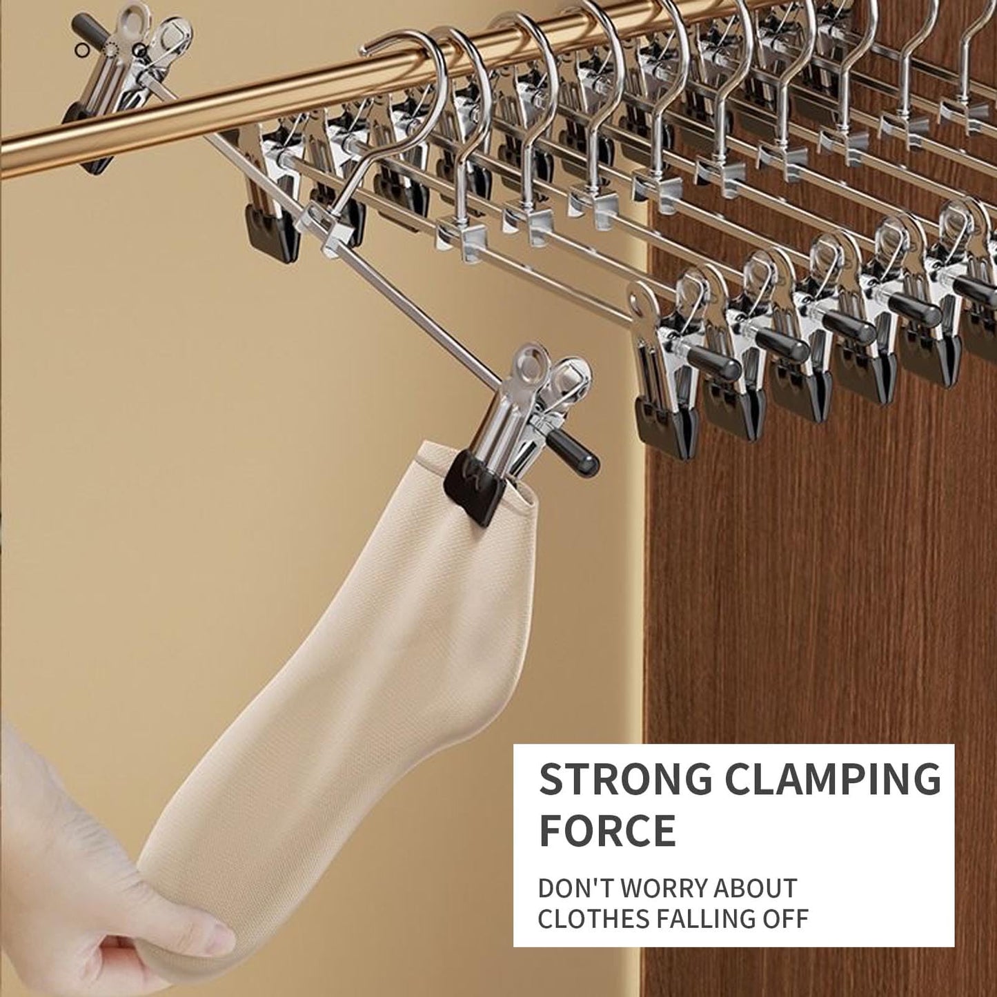 Trouser Hanger, 10Pack Pant Hangers Space Saving Skirt Hangers with Clips Adjustable Non-Slip Coat Hanger Heavy Duty Chrome Clothes Hook