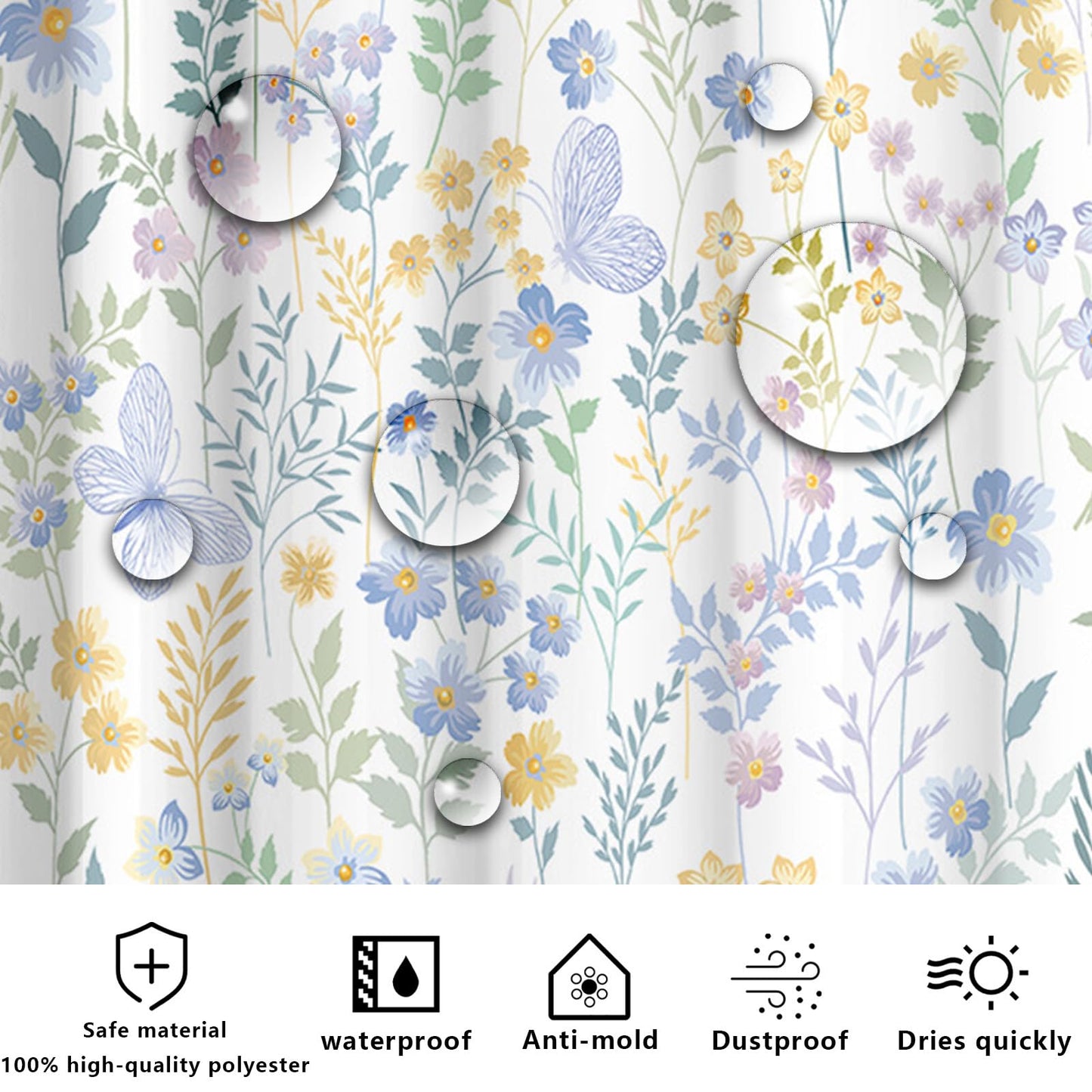 FAIRYGATE Shower Curtain Floral Bathroom Curtains Extra Long Wide Mould Proof Resistant Fabric for Wet Room Bath Outdoor Waterproof Garden Spring
