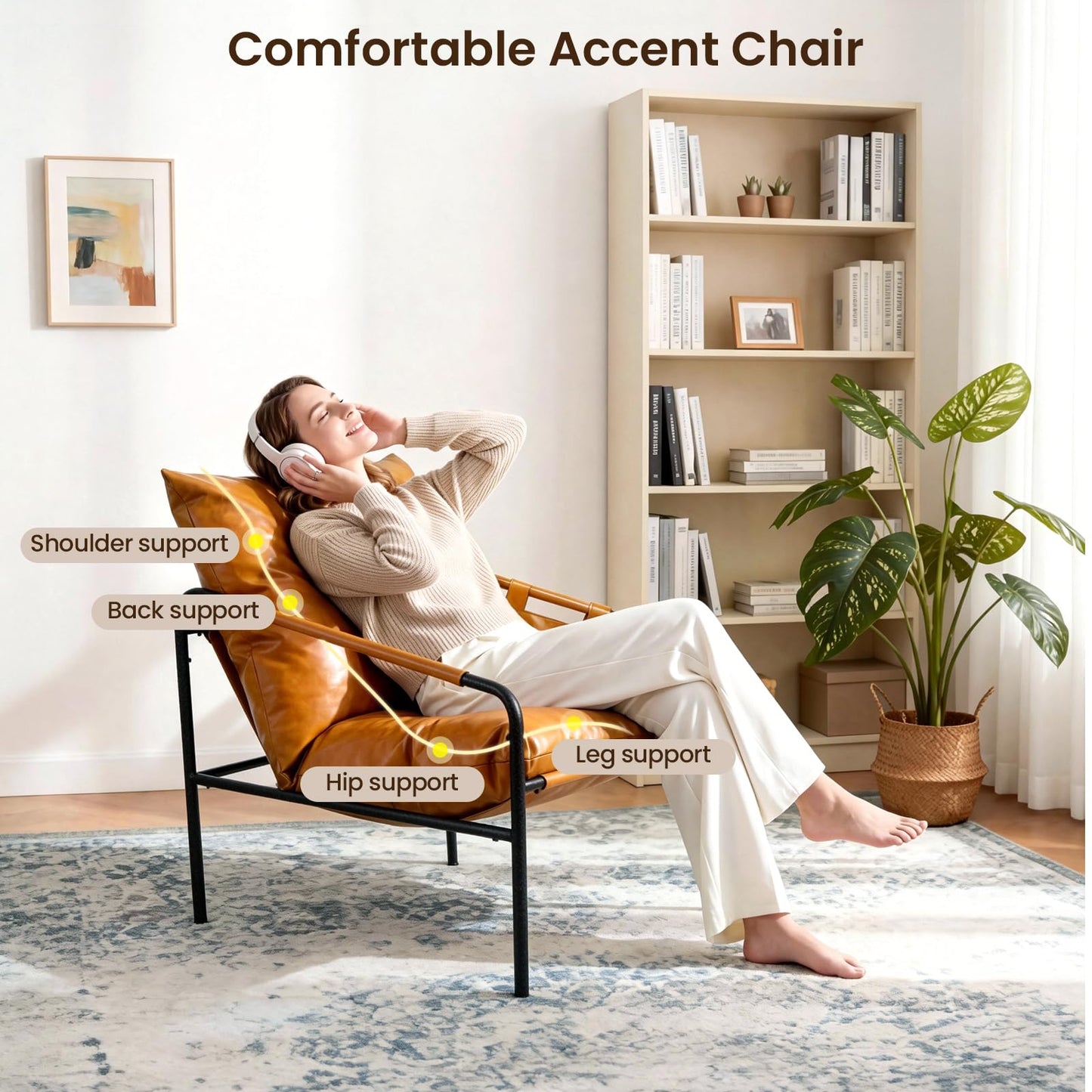 Modern Faux leather Armchair Comfy Accent Chair with Sturdy Metal Frame Wood Armrest And bag Living Room chairs Soft Cushion Lounge couch sofa Chair
